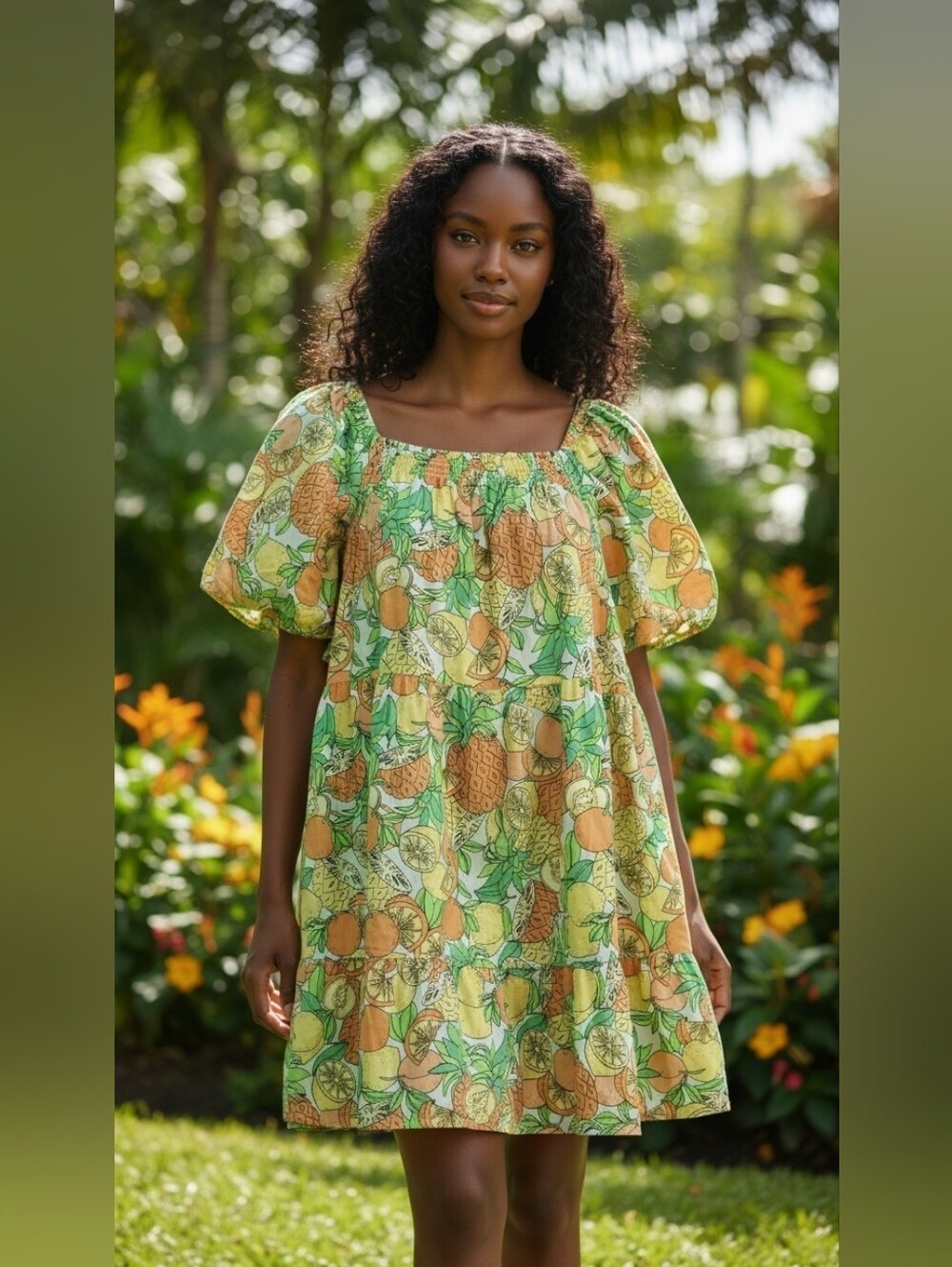 Peyton & Parker 3X Fruit Print 100% Cotton Tiered Midi Dress